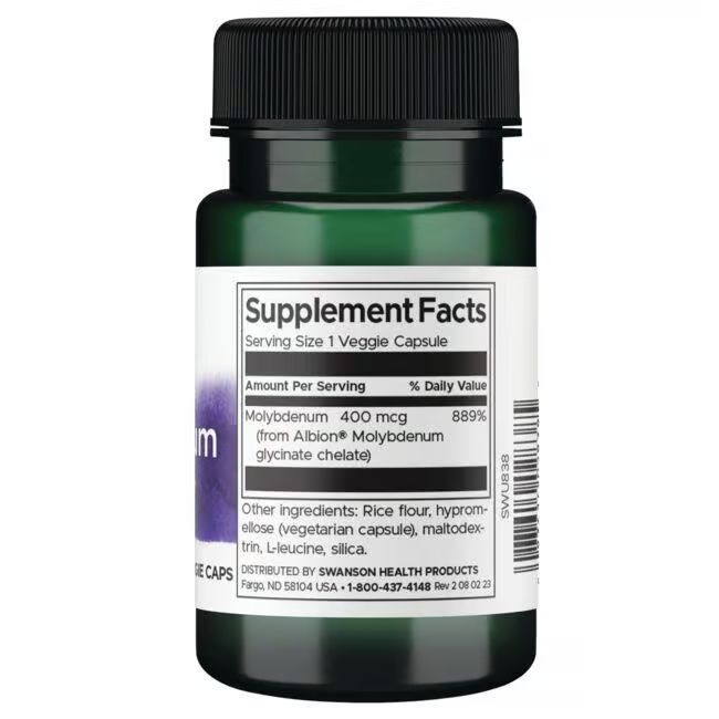 Dos du flacon vert. Étiquette avec informations nutritionnelles: Molybdène 400 mcg. Ingrédients: farine de riz, hypromellose, L-Leucine.
