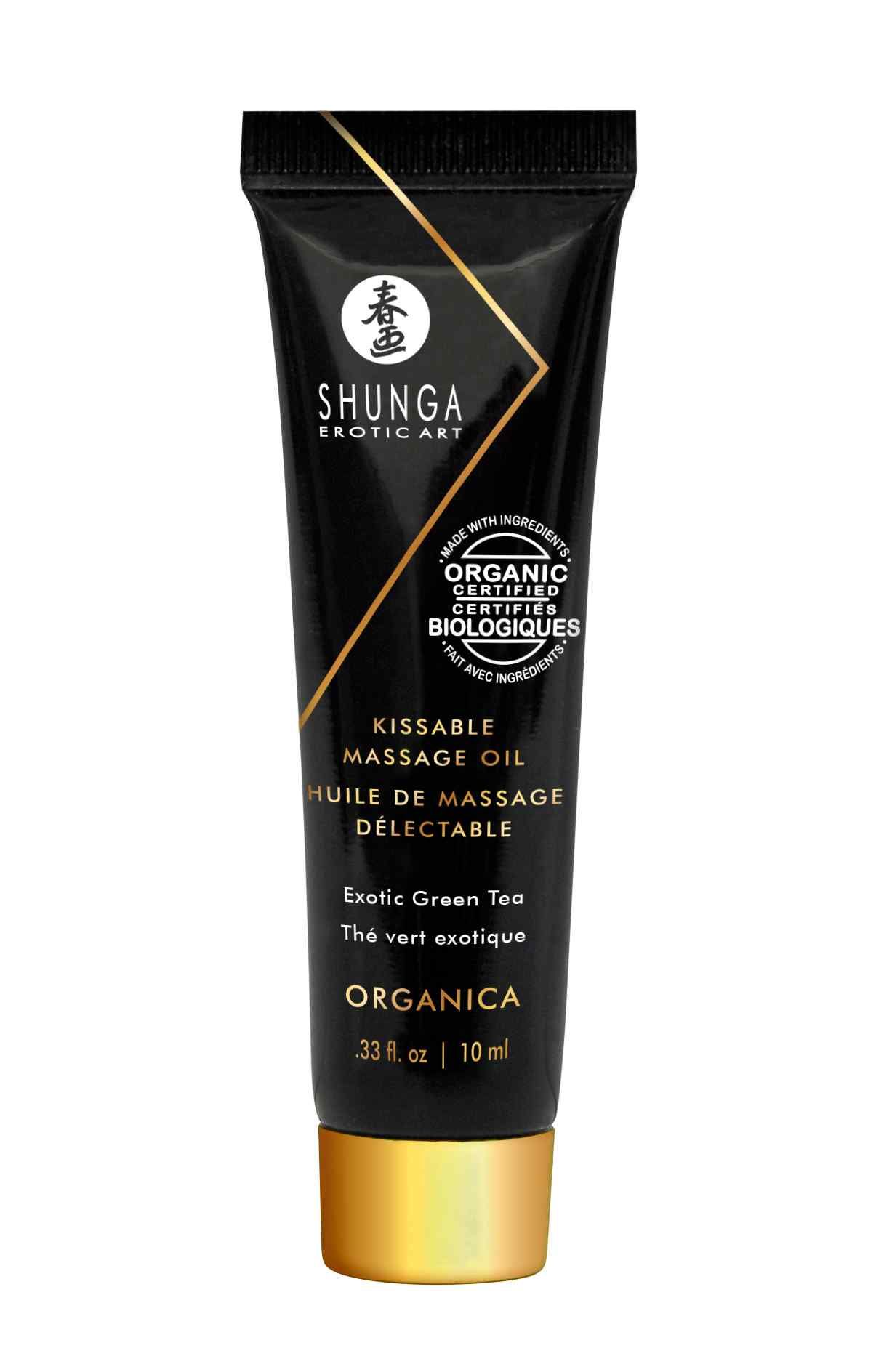 Zwarte tube met gouden dop. Tekst: SHUNGA Erotic Art, Kissable Massage Oil, Organic, 10 ml.