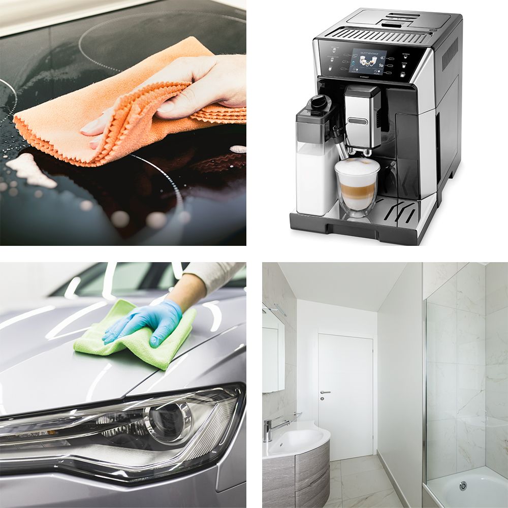 Vier afbeeldingen: schoonmaken met doek, koffiemachine, auto schoonmaken, badkamer. Doeken in oranje en groen.