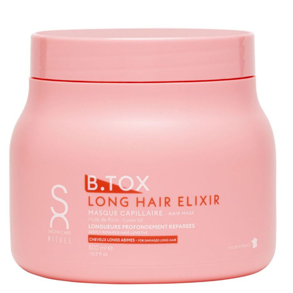Roze pot met deksel. Tekst: B.TOX LONG HAIR ELIXIR. Sacha Care Rituals. Masque capillaire. 500 ml.