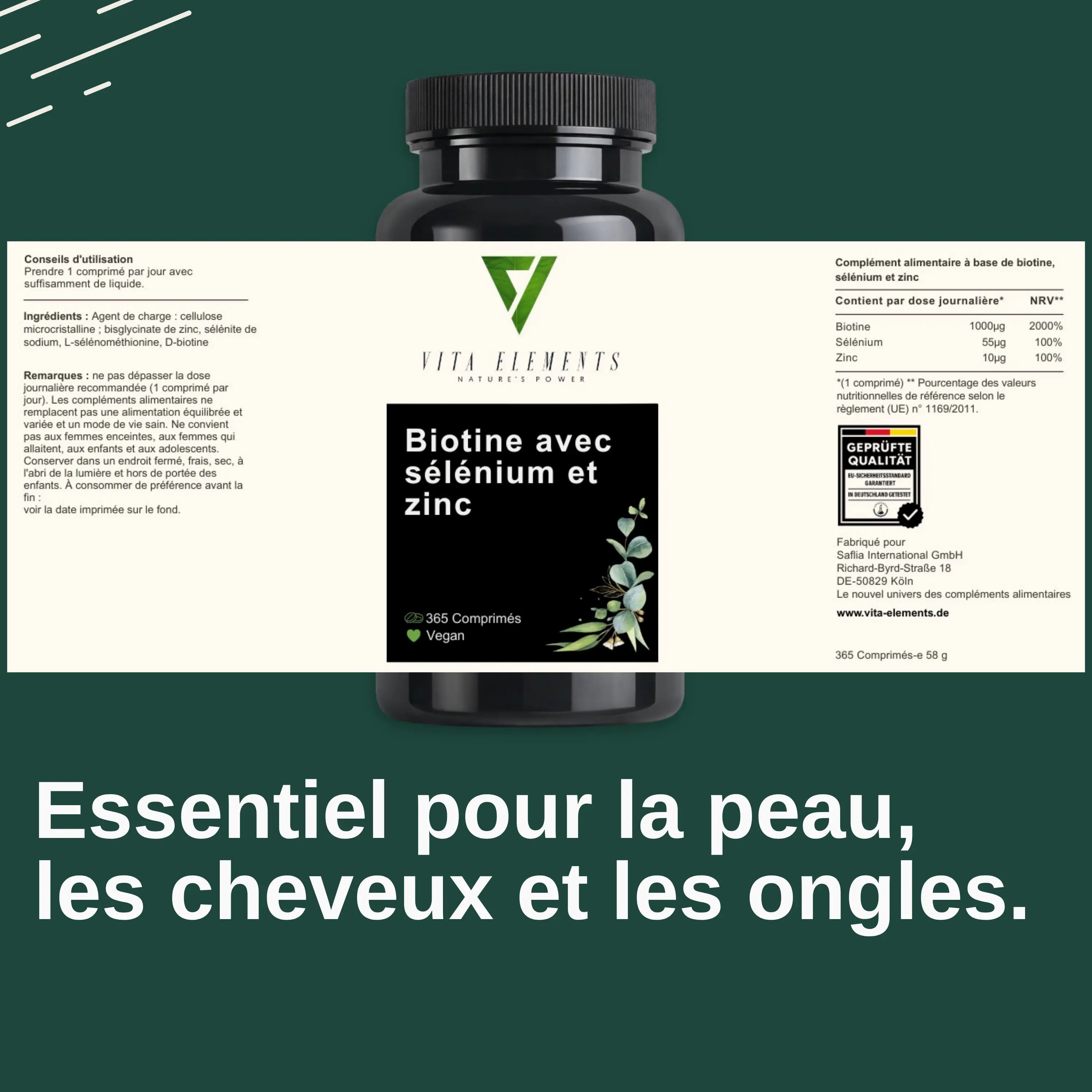 Flacon Vita Elements Biotine avec Sélénium et Zinc, 180 comprimés vegan.