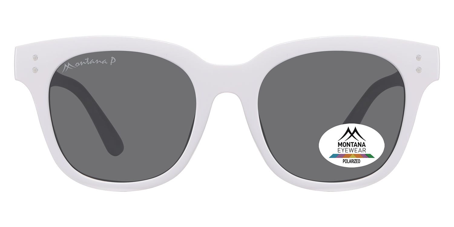 Lunettes de soleil blanches avec verres gris. Logo Montana Eyewear et autocollant de polarisation. Forme ronde.