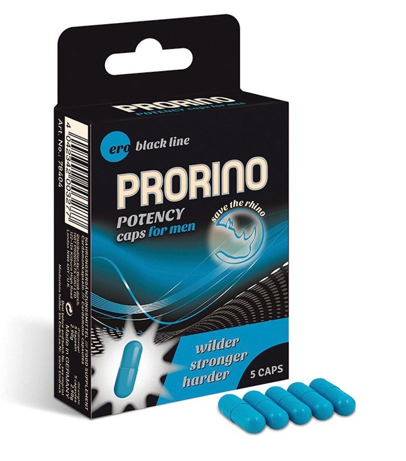 Prorino Potency Caps for men : Boîte de 5 gélules, 5 gélules bleues à côté, logo rhinocéros.