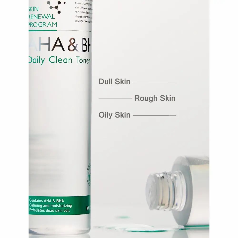 Gezichtstoner en tube. Tekst: AHA & BHA Daily Clean Toner. Opschrift: Dull Skin, Rough Skin, Oily Skin. Groen-wit etiket.