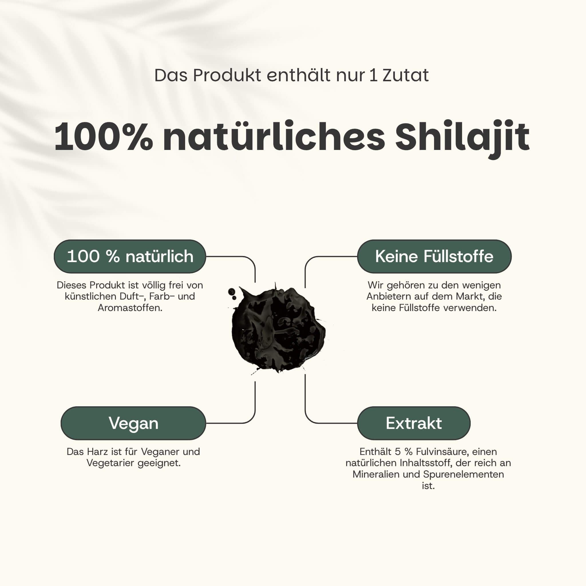 100% natuurlijke Shilajit, vegan, zonder vulstoffen, rijk aan fulvinezuur, mineralen en sporenelementen.