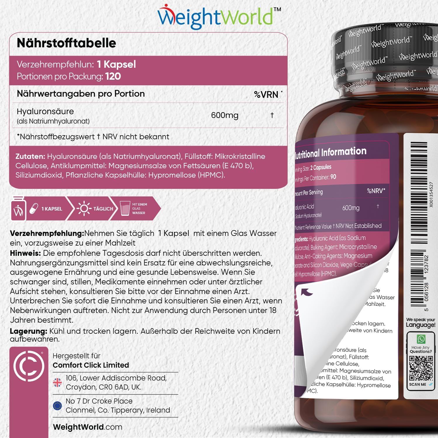 Etiket met voedingswaarde. Tekst: Hyaluronzuur, 600mg. Merk: WeightWorld.