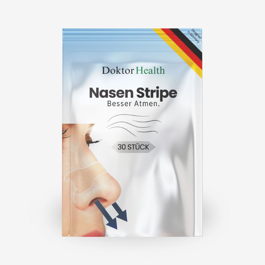 Verpakking met neusstrips. Opschrift: Doktor Health, Nasen Stripe, 30 stuks. Illustratie van een neus met pijlen.