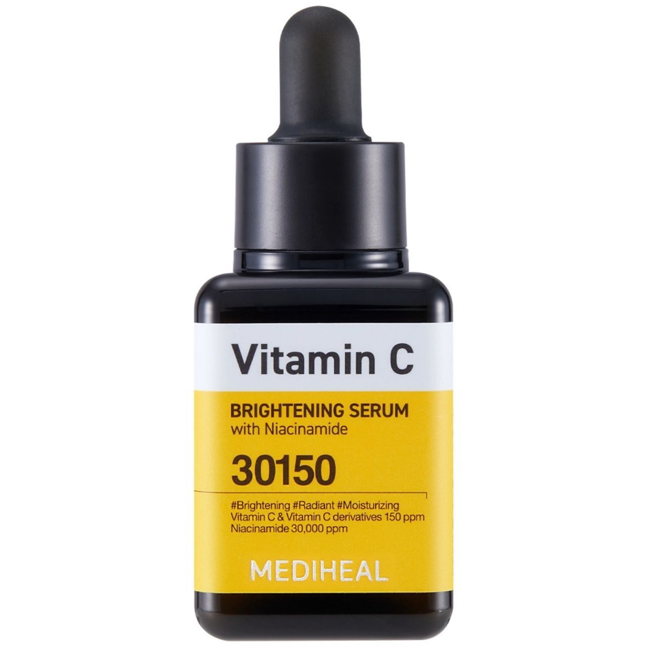Flacon de sérum éclaircissant Mediheal à la Vitamine C avec pipette. Bouchon noir, étiquette jaune avec inscription blanche.