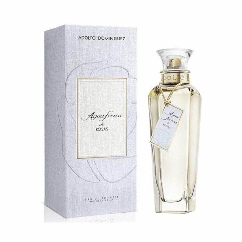 Adolfo Dominguez Agua Fresca de Rosas Eau de Toilette Spray. Flacon et emballage blancs. Étiquette avec nom du produit.