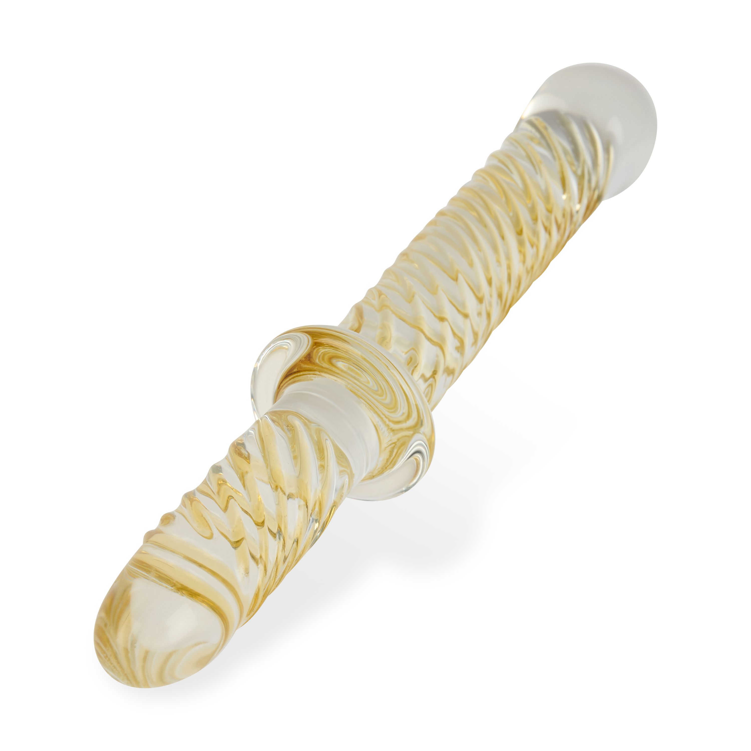 Stimulateur en verre, surface cannelée, extrémités arrondies. Design jaune et blanc avec un anneau central.