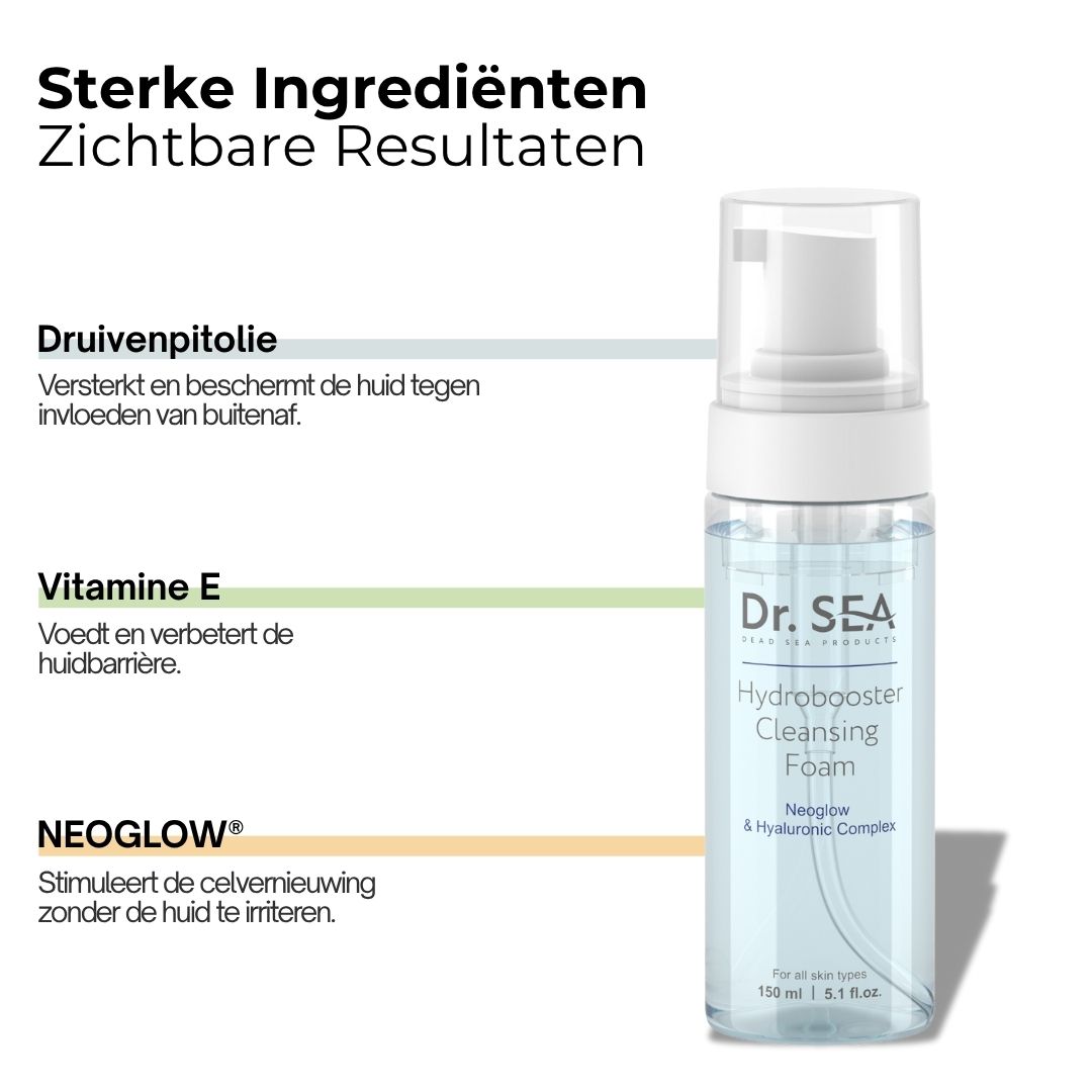 Productfles met tekst en infographic. Tekst: Hydraterend en stralend. Voordelen: Diepe reiniging, intense vochtigheid, voedt.