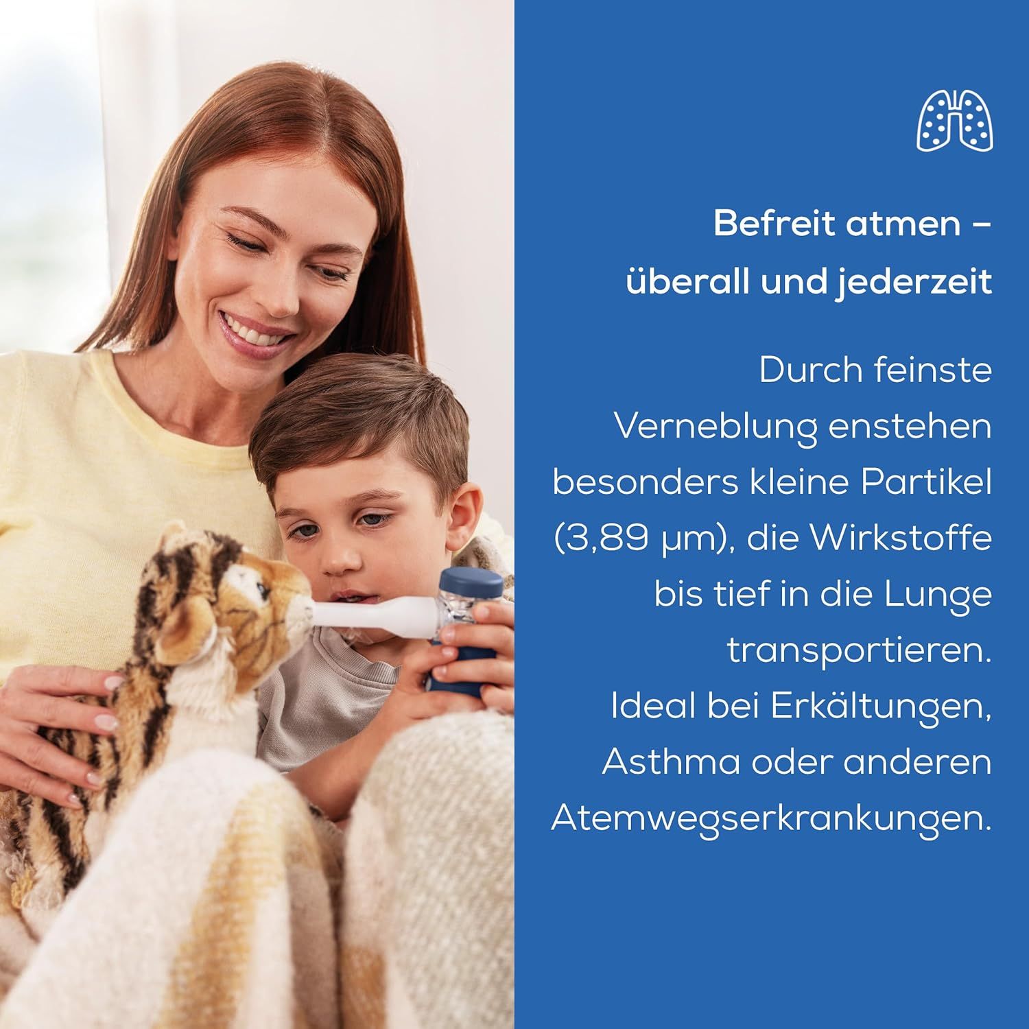 Mère et enfant inhalent. Texte: Respirer librement – partout et à tout moment. De fines particules sont créées par nébulisation.