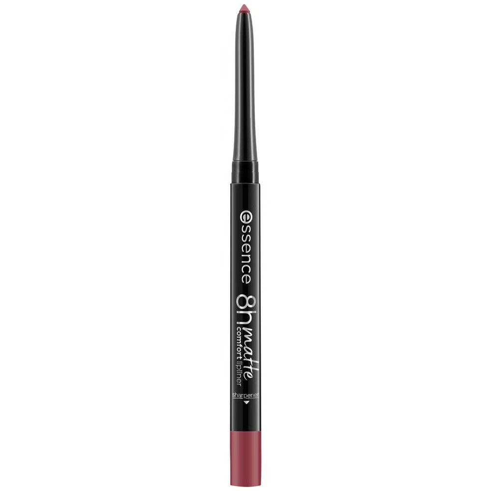 Zwarte lippenpotlood. Opschrift: Essence, 8h matte comfort lipliner. Punt en uiteinde roze.