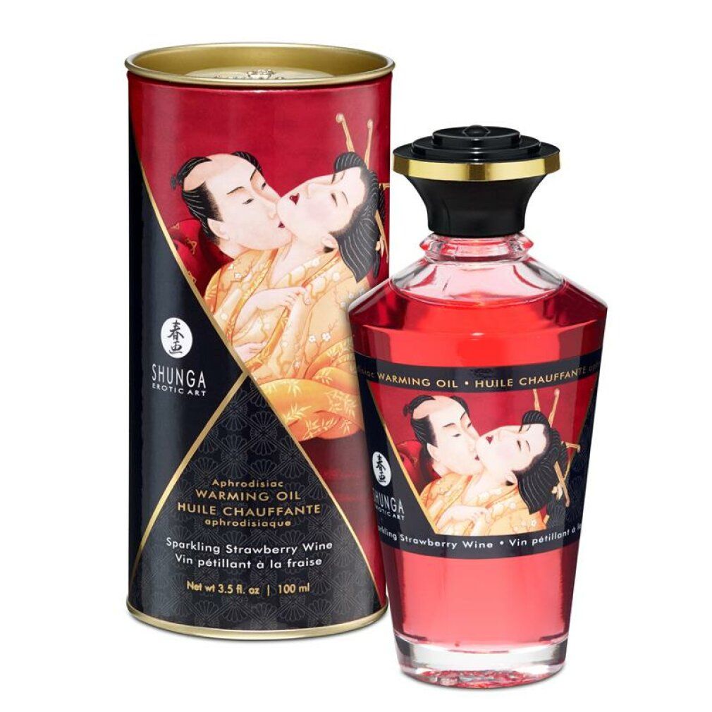 Flacon et boîte rouges avec étiquettes. Inscription : Shunga, Huile chauffante, arôme fraise. Illustration d'un couple s'embrassant.