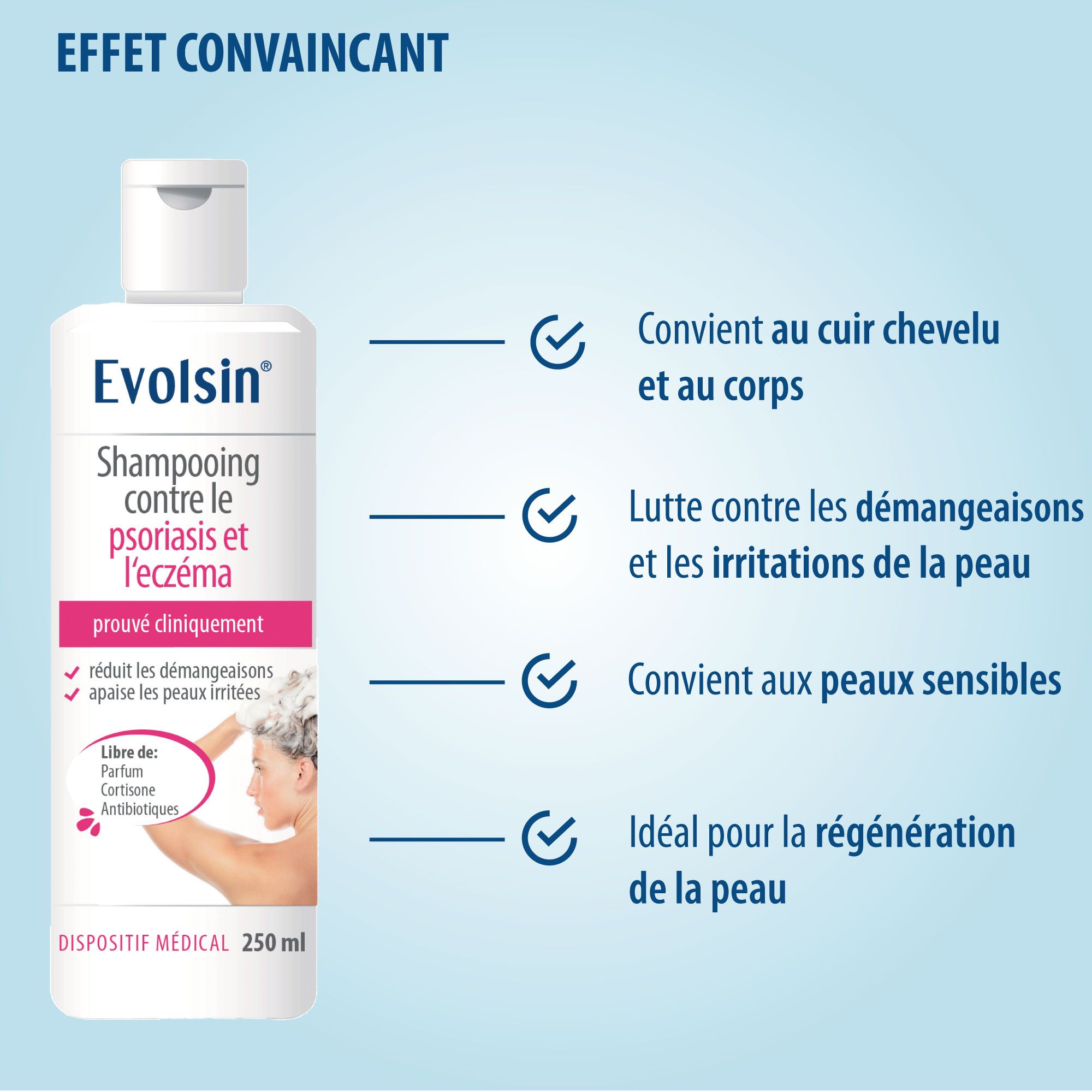 Flacon de shampooing blanc. Texte : Convient au cuir chevelu et au corps, lutte contre les démangeaisons, peau sensible.