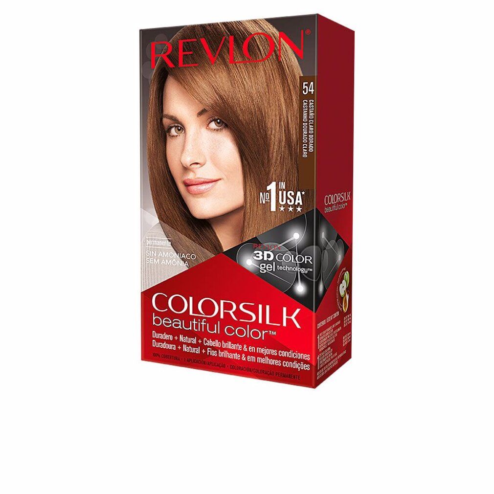 Verpakking Revlon Colorsilk 54 Hellgoldbraun. Vrouw met bruin haar. Productnaam en tint duidelijk zichtbaar.