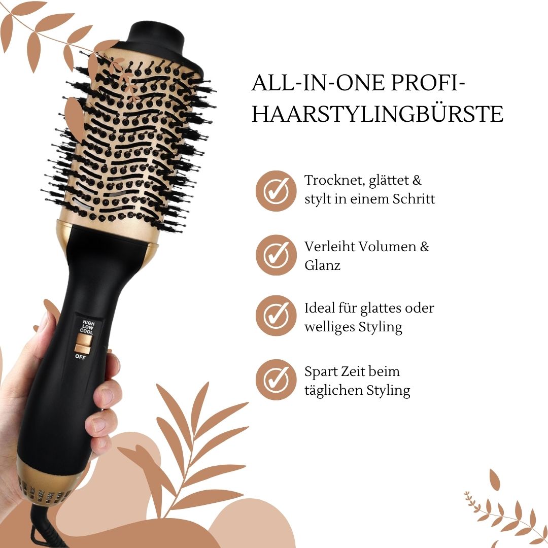 Haarstylingborstel, zwart-goud. Tekst: ALLES-IN-ÉÉN PROFI-HAARSTYLINGBORSTEL. Voordelen: droogt, maakt glad, geeft volume & glans, ideaal.