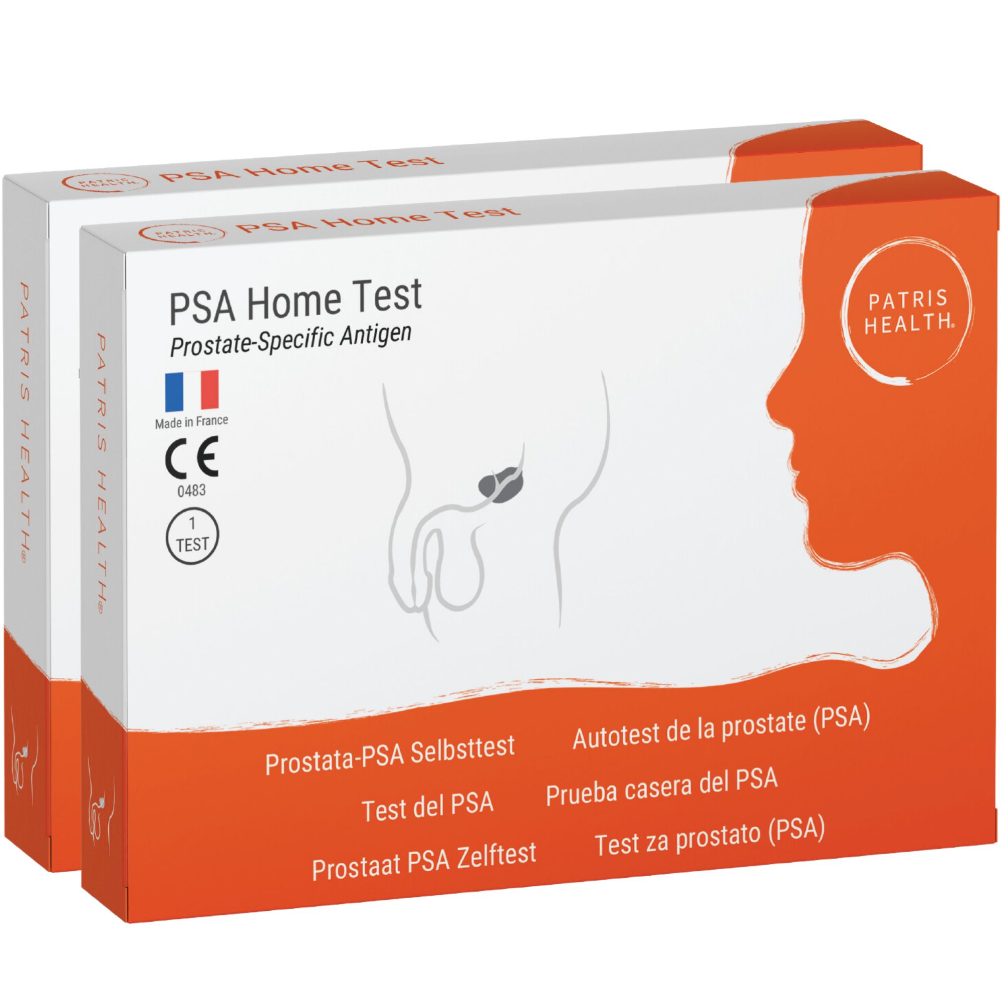 Deux boîtes de test Patris Health® Prostata-PSA. Emballage avec nom du produit, logo et certifications.