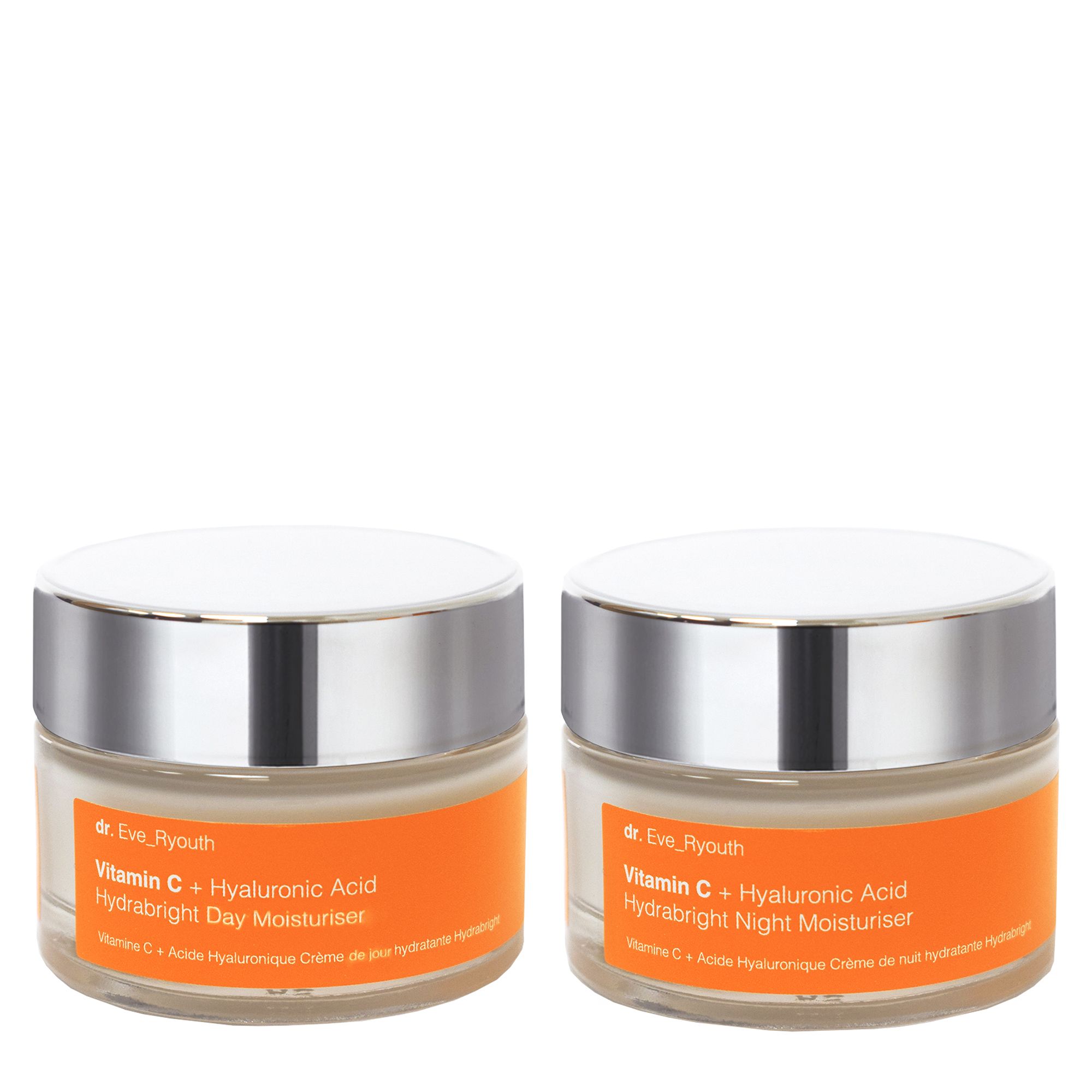 Deux crèmes hydratantes Dr. Eve-Ryouth Vitamine C + Acide Hyaluronique dans des pots orange.