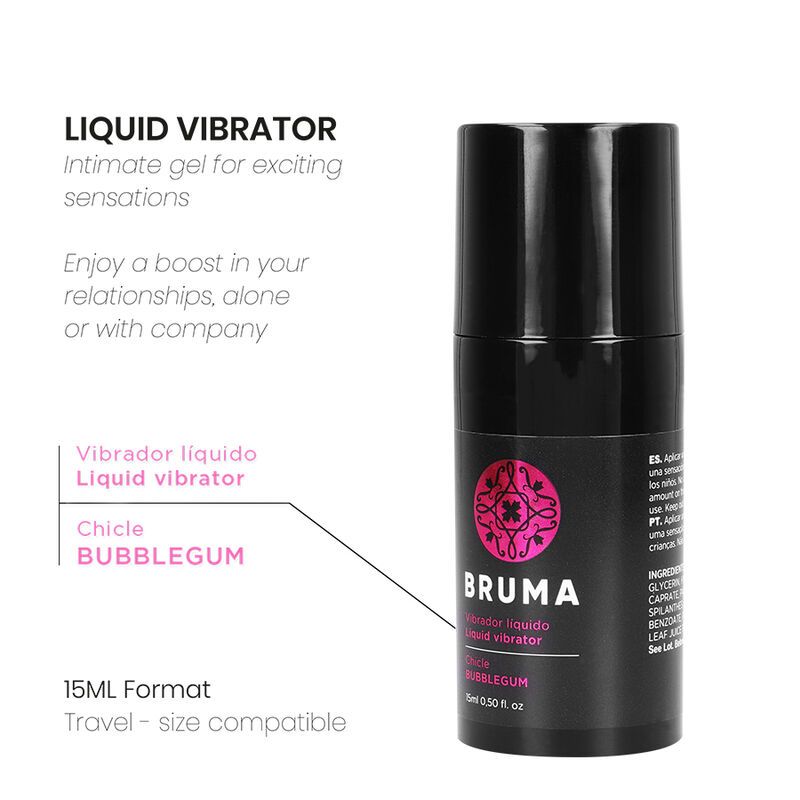 Bruma vloeibare vibrator in zwarte fles met pompdispenser, 15ml.