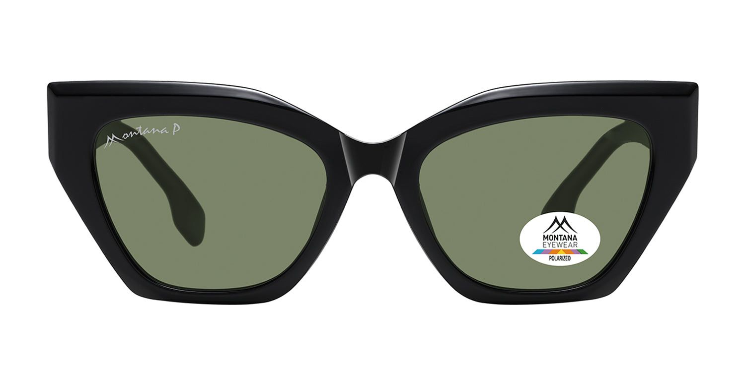 Lunettes de soleil noires, verres verts, forme œil de chat. Logo Montana Eyewear sur la branche gauche et le verre. Verres polarisés.