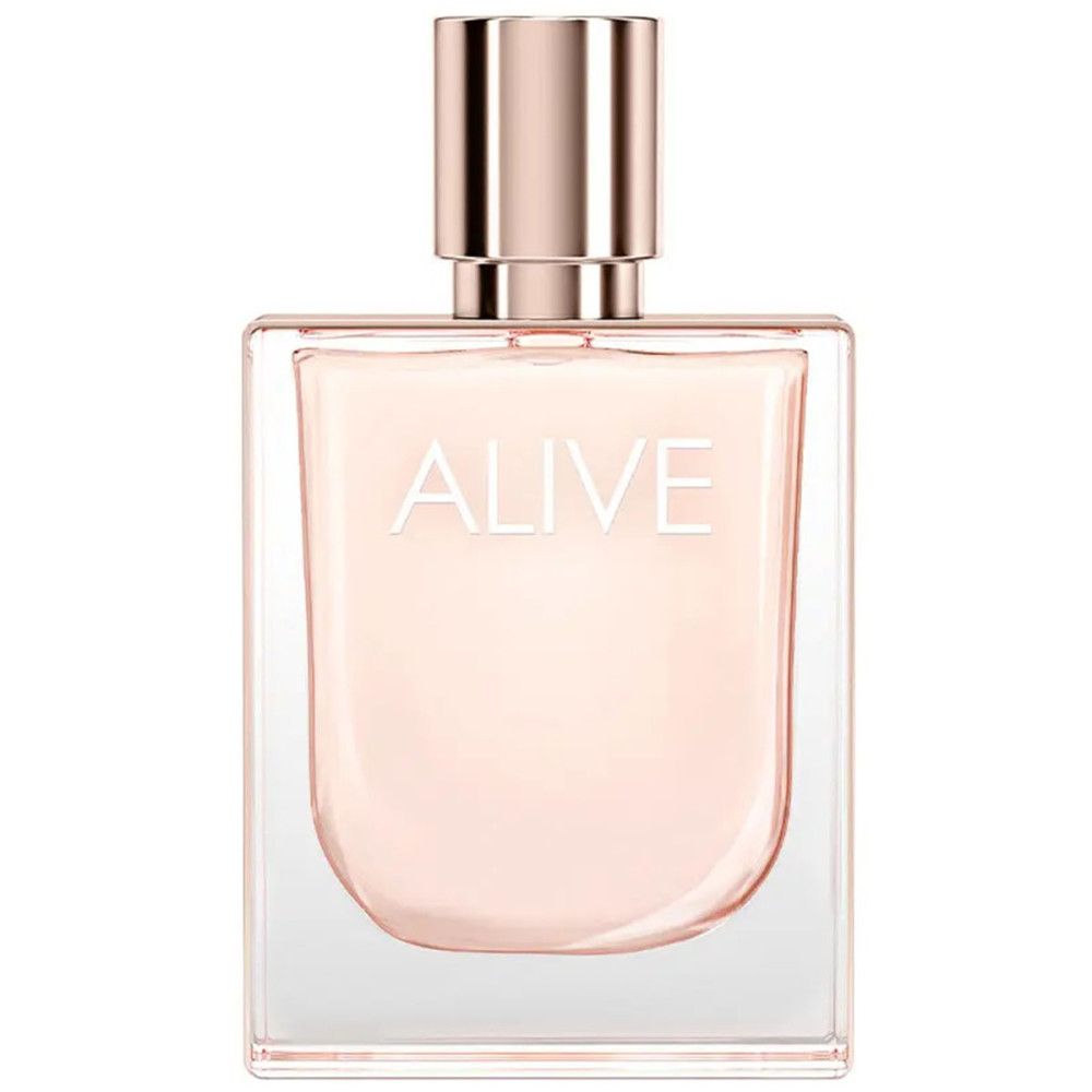 Flacon Alive E.d.T. Nat. Spray. Flacon carré, liquide rose. Inscription Alive. Bouchon métallique.