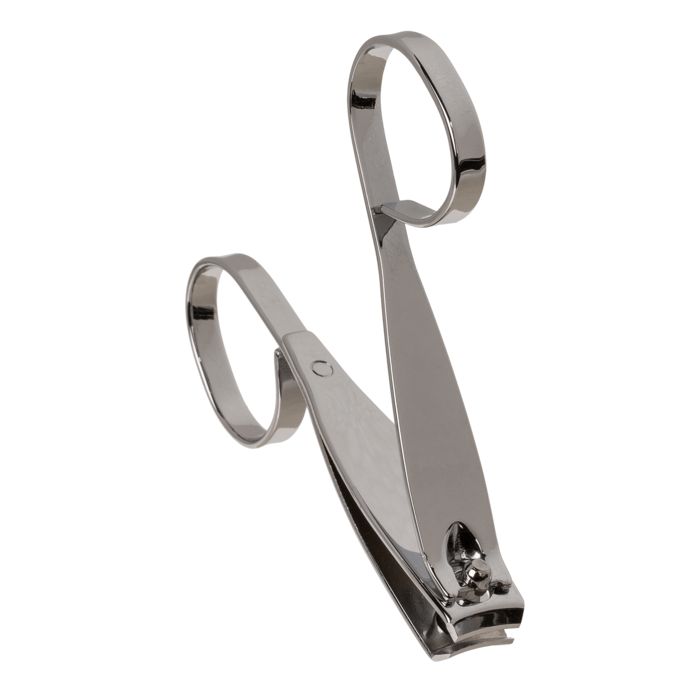 Zilverkleurige nagelknipper met twee handgrepen en een gebogen snijkant.