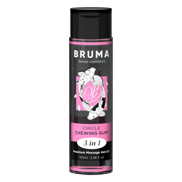 BRUMA 3-in-1 massageolie fles met koi-visontwerp en zwarte dop.