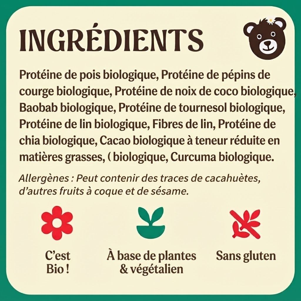 Données nutritionnelles : Énergie, lipides, glucides, protéines, sel, fer, zinc, magnésium, potassium, vitamine C, calcium.