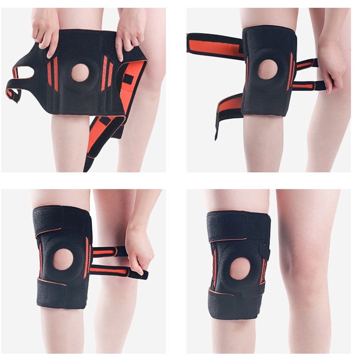 Plusieurs images montrent l'application d'une genouillère noire. Fermetures velcro et ouverture pour la rotule.