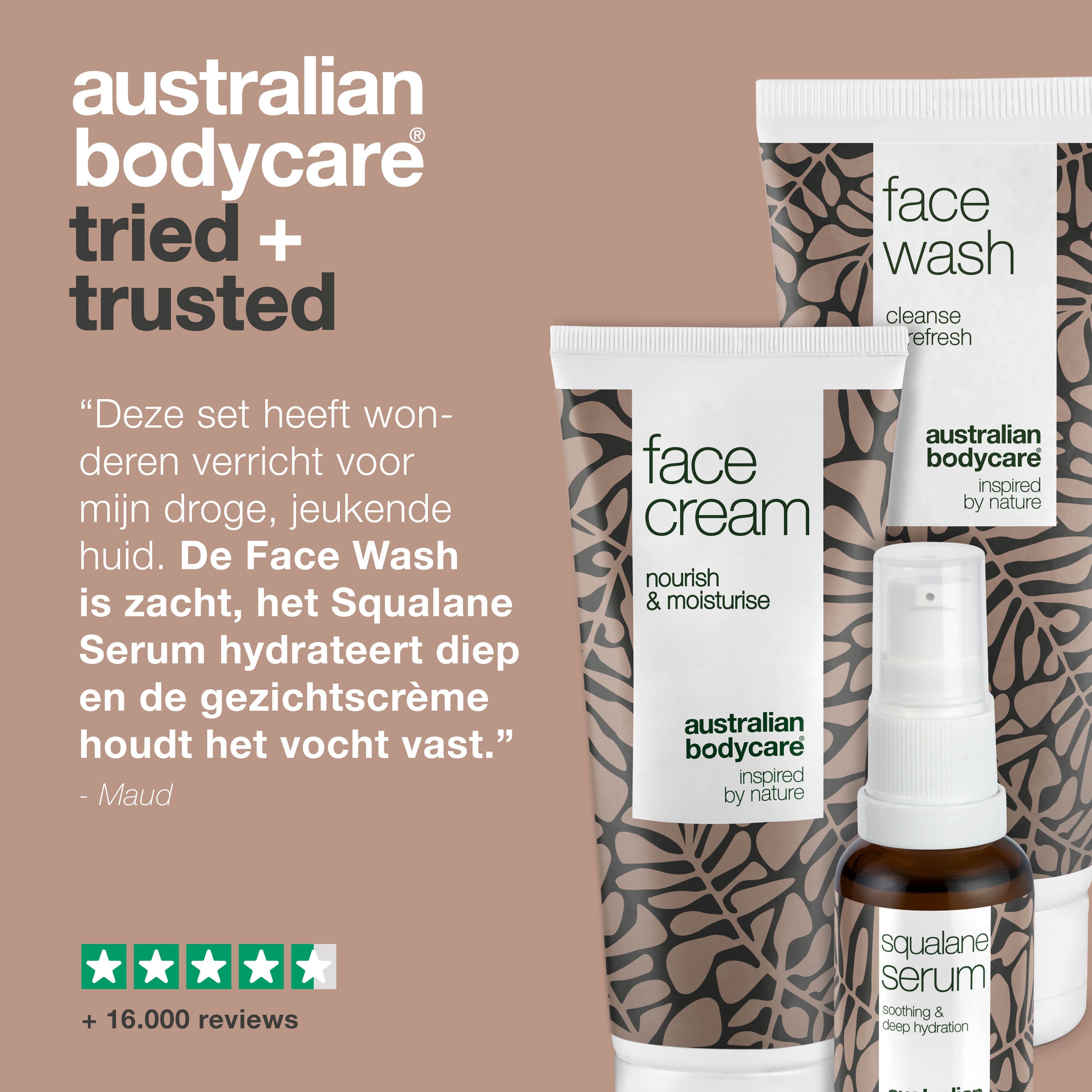 Productset met Face Wash, Face Cream en Squalane Serum. Citaat: heeft wonderen verricht voor mijn droge, jeukende huid.