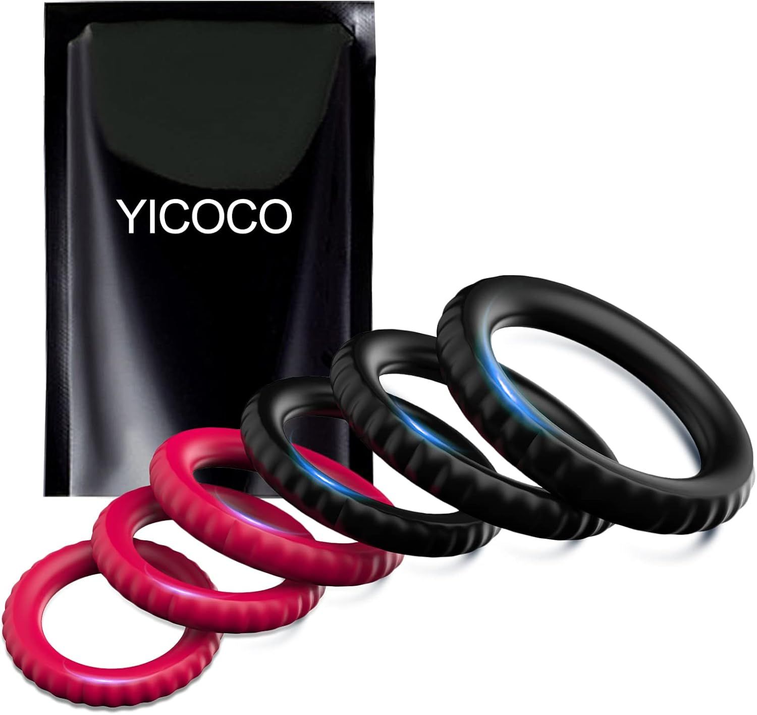 Vier zwarte en drie rode siliconen penispennen, naast een zwarte verpakking met YICOCO-logo.