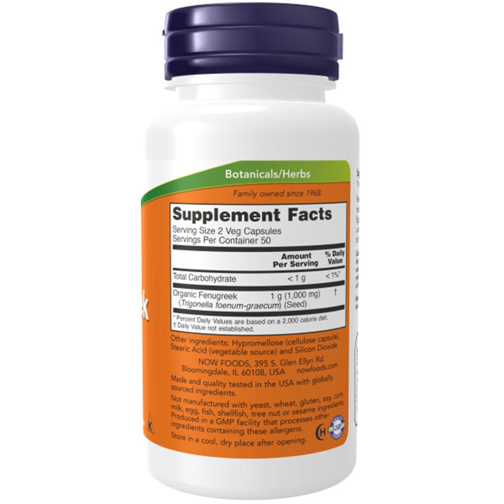 Dos de la bouteille. Inscription: Supplement Facts, Organic Fenugreek, 1 g. Fabricant: NOW FOODS. Ingrédients et informations nutritionnelles.