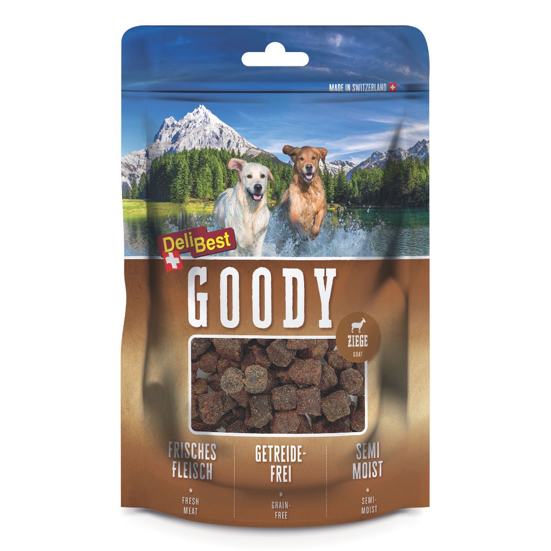 Verpakking hondenvoer. Boven: honden voor berglandschap. Tekst: DeliBest, GOODY, Ziege. Onder: Vers vlees, graanvrij, semi-vochtig.