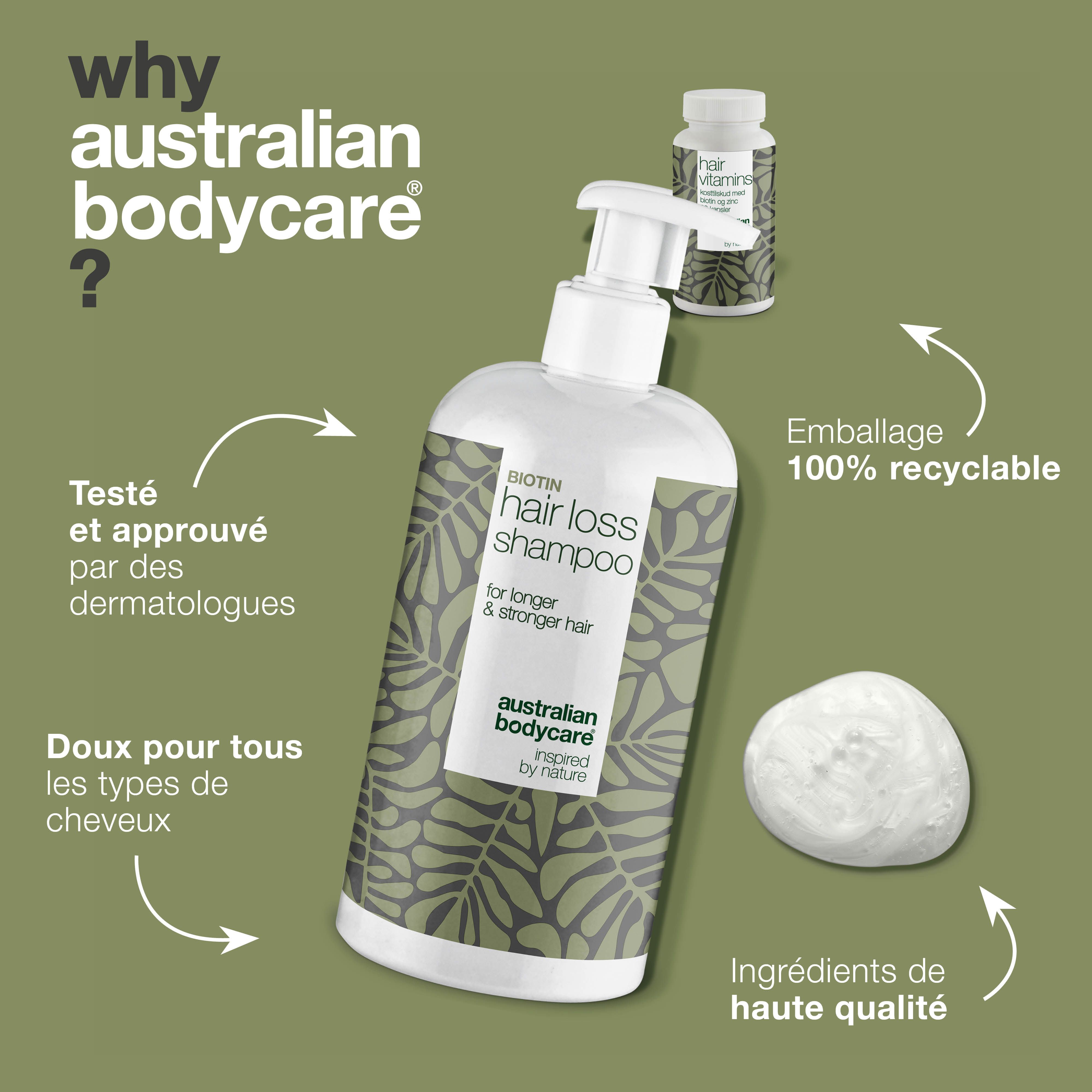 Flacons de shampooing et de vitamines. Texte: Hair Loss Shampoo, Hair Vitamins. Marque: Australian Bodycare. Éléments supplémentaires.