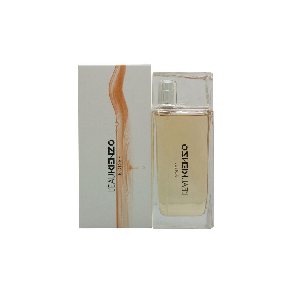 Flacon de parfum et emballage. Flacon avec vaporisateur argenté, emballage avec texte L'EAU KENZO BOISÉE.