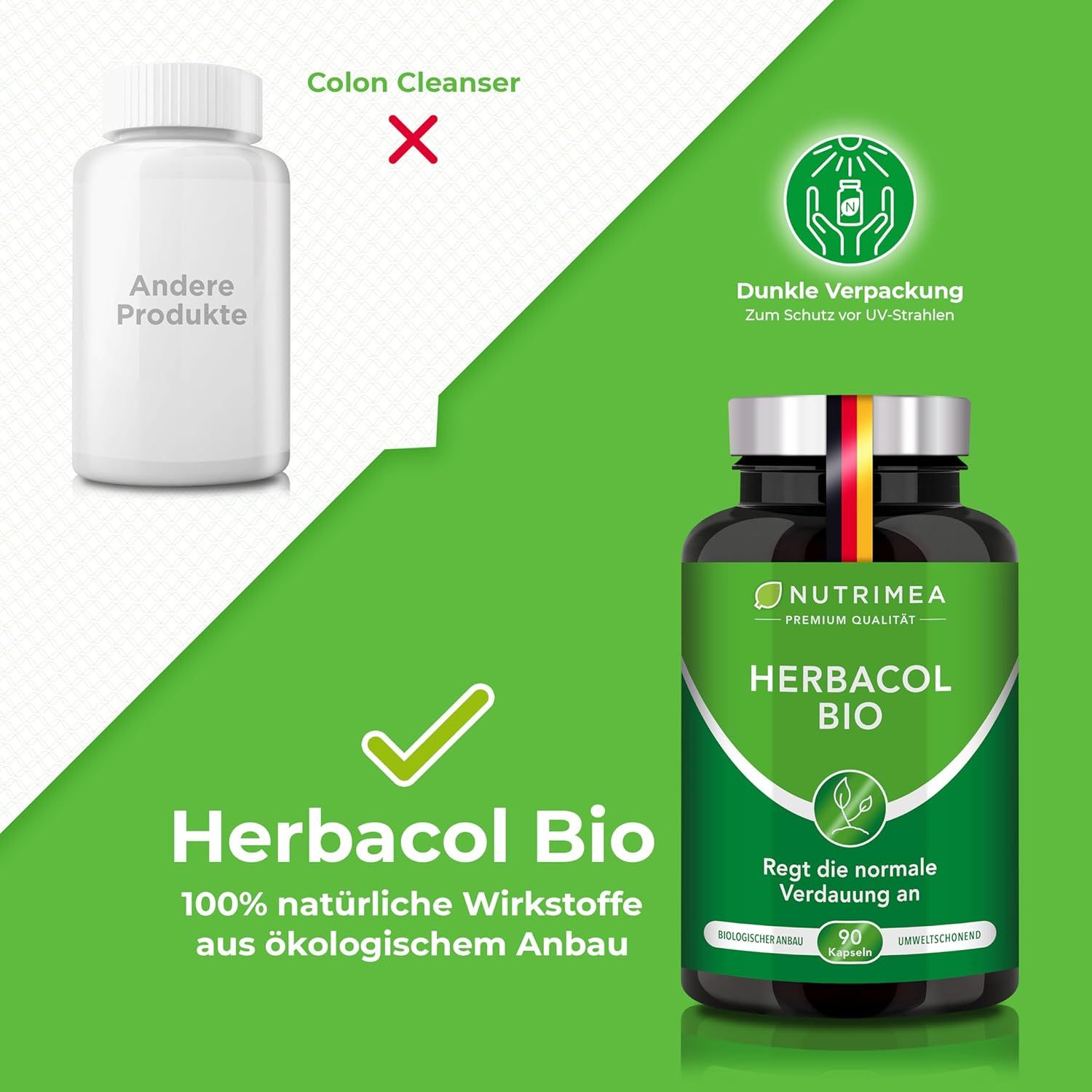 Comparaison: HERBACOL BIO vs. autre produit. Bouteille HERBACOL BIO avec texte: Ingrédients naturels à 100% issus de l'agriculture biologique.