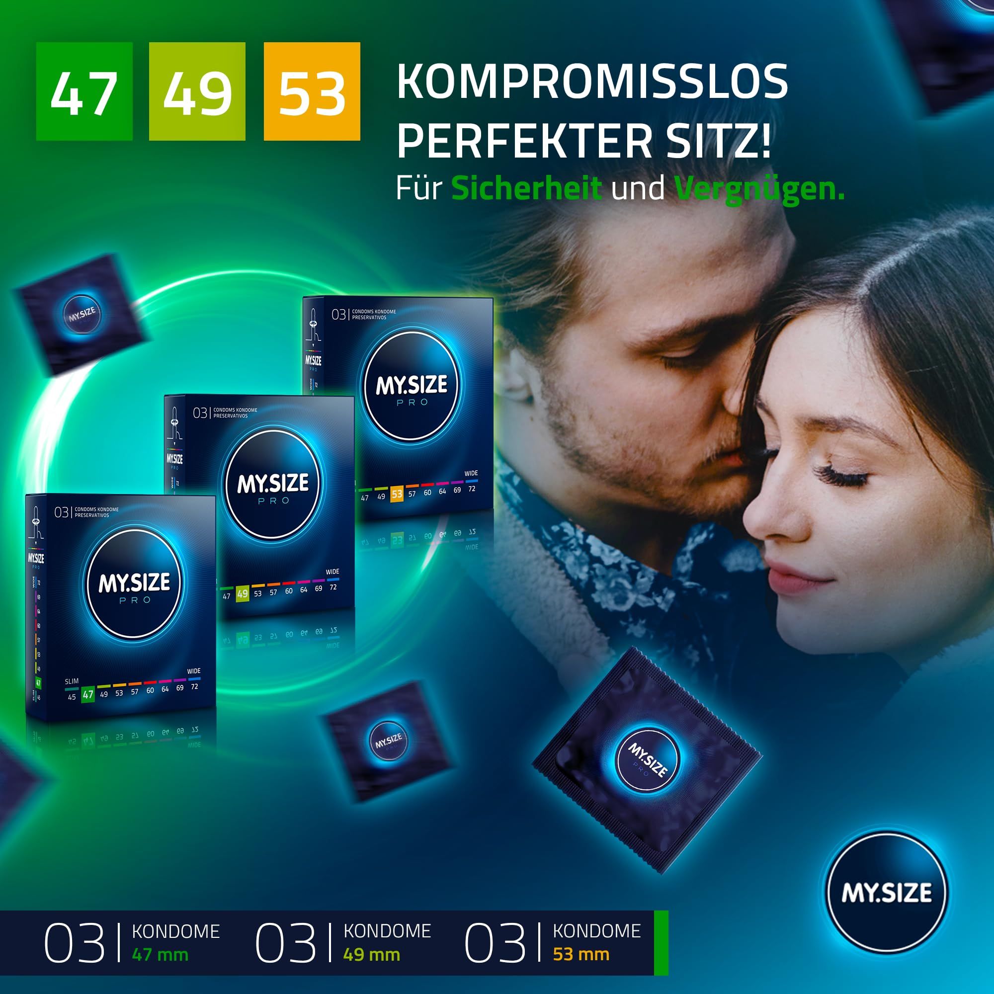 Sets de préservatifs MY.SIZE Pro. Montre des sets de 3x3 et 3x10 préservatifs de différentes tailles.