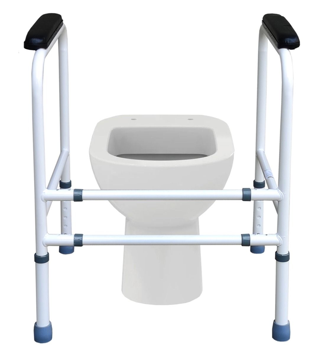 Toiletframe met armleuningen, wit metalen frame, zwarte armleuningen, gemonteerd op een toilet.