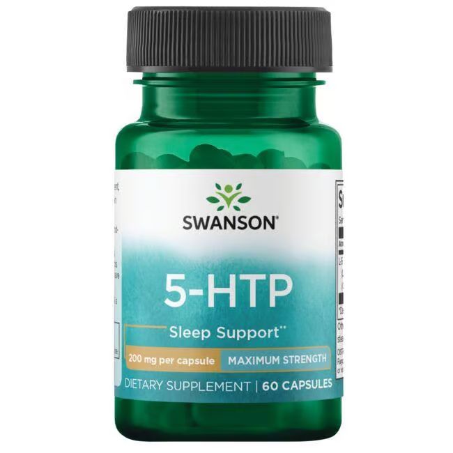 Flacon vert avec bouchon noir. Étiquette "SWANSON 5-HTP Sleep Support". Contient 60 capsules, 200 mg par capsule.