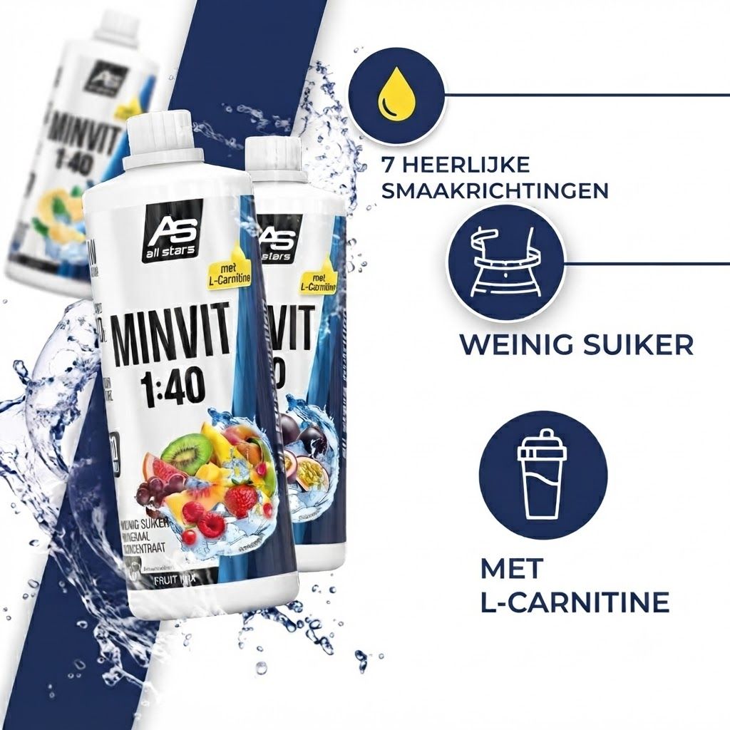 Fles All Stars MINVIT 1:40 passievrucht met voedingswaardentabel.