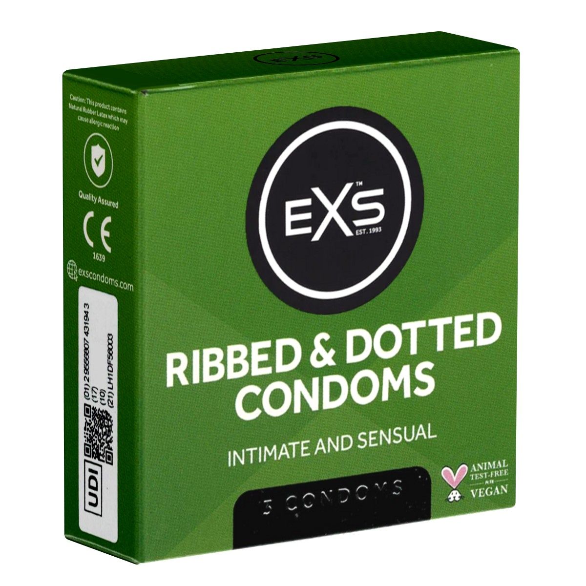Groene doos met EXS-logo en "Ribbed & Dotted Condoms". Bevat 3 condooms. Vegan-keurmerk.