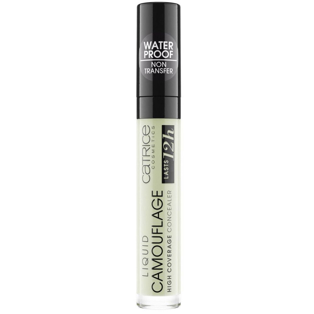 Stylo correcteur avec bouchon noir. Inscription: CAMOUFLAGE, LIQUID, HIGH COVERAGE CONCEALER. Marque: Catrice. Texte: WATERPROOF, 12h.