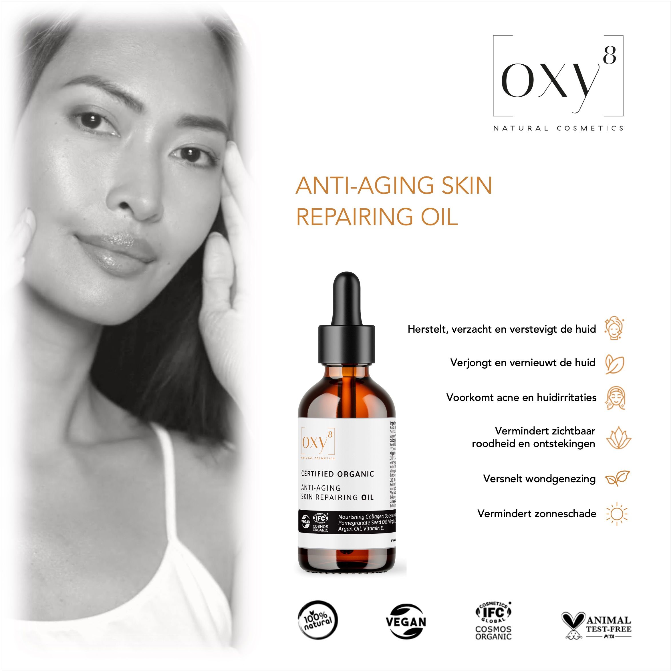 oxy8 Natural Cosmetics ANTI-AGING SKIN REPAIRING OIL - Huidolie. Herstelt en verzacht. Voorkomt acne