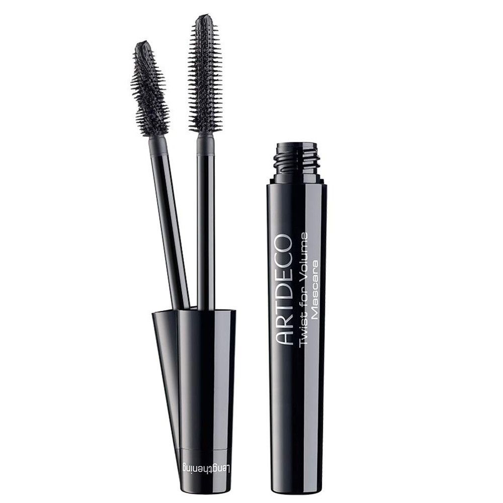 Artdeco Twist for Volume Mascara. Tube de mascara noir avec deux brosses. Inscription : ARTDECO, Twist for Volume Mascara.