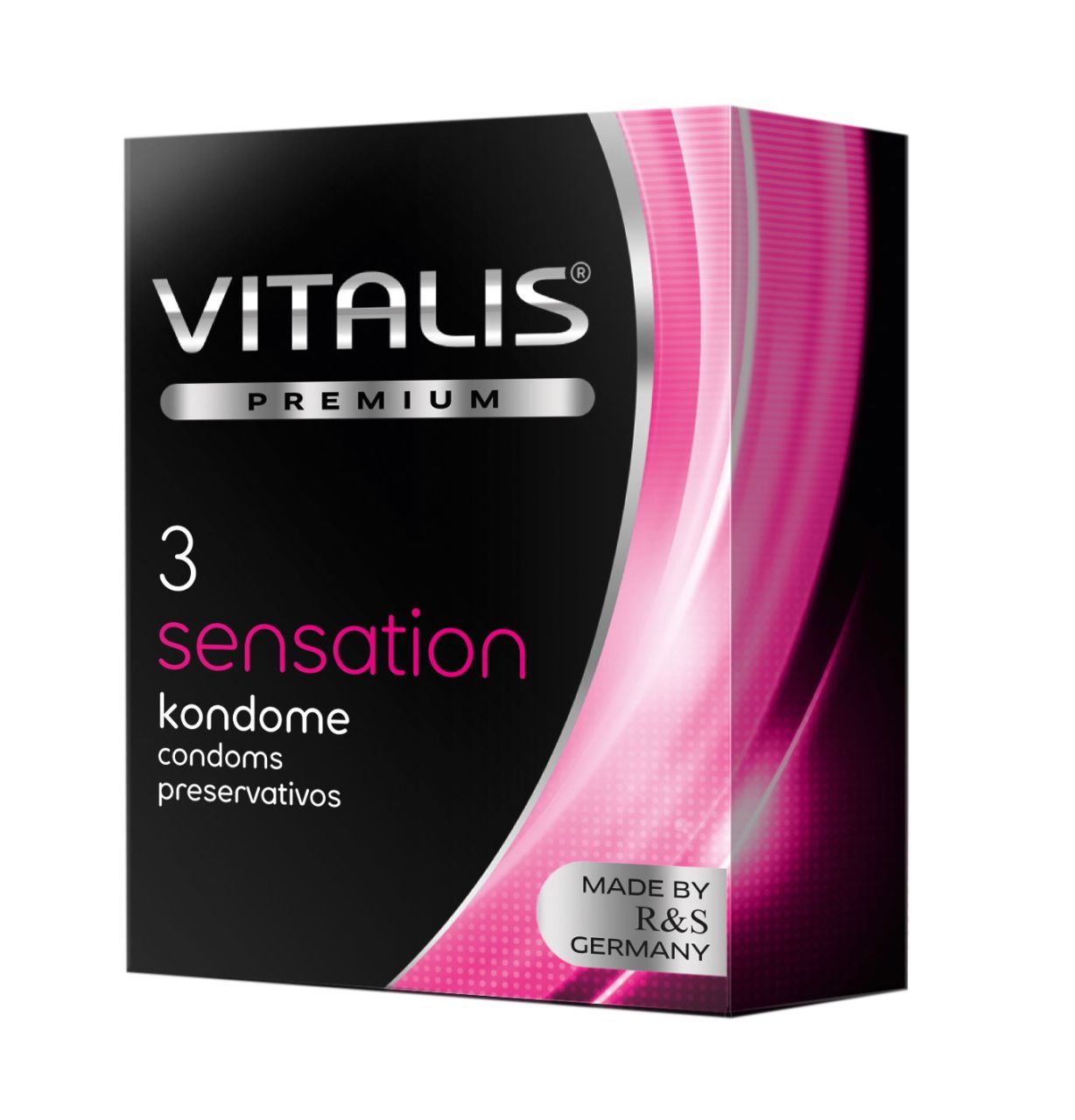 Boîte noire Vitalis Premium Sensation. Contient 3 préservatifs. Bandes roses. Texte: condoms, preservativos.