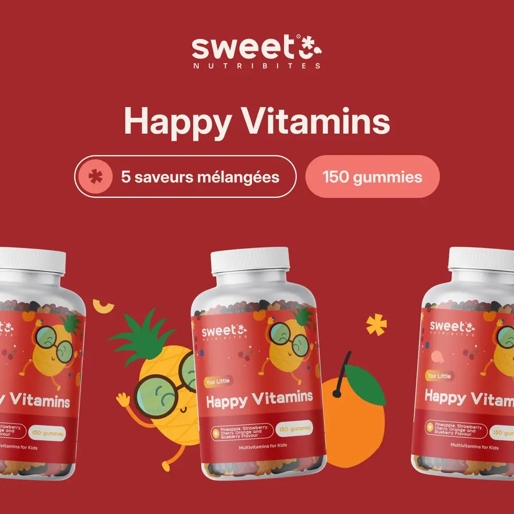 Trois flacons Happy Vitamins. Texte: 5 saveurs mélangées, 150 gommes.
