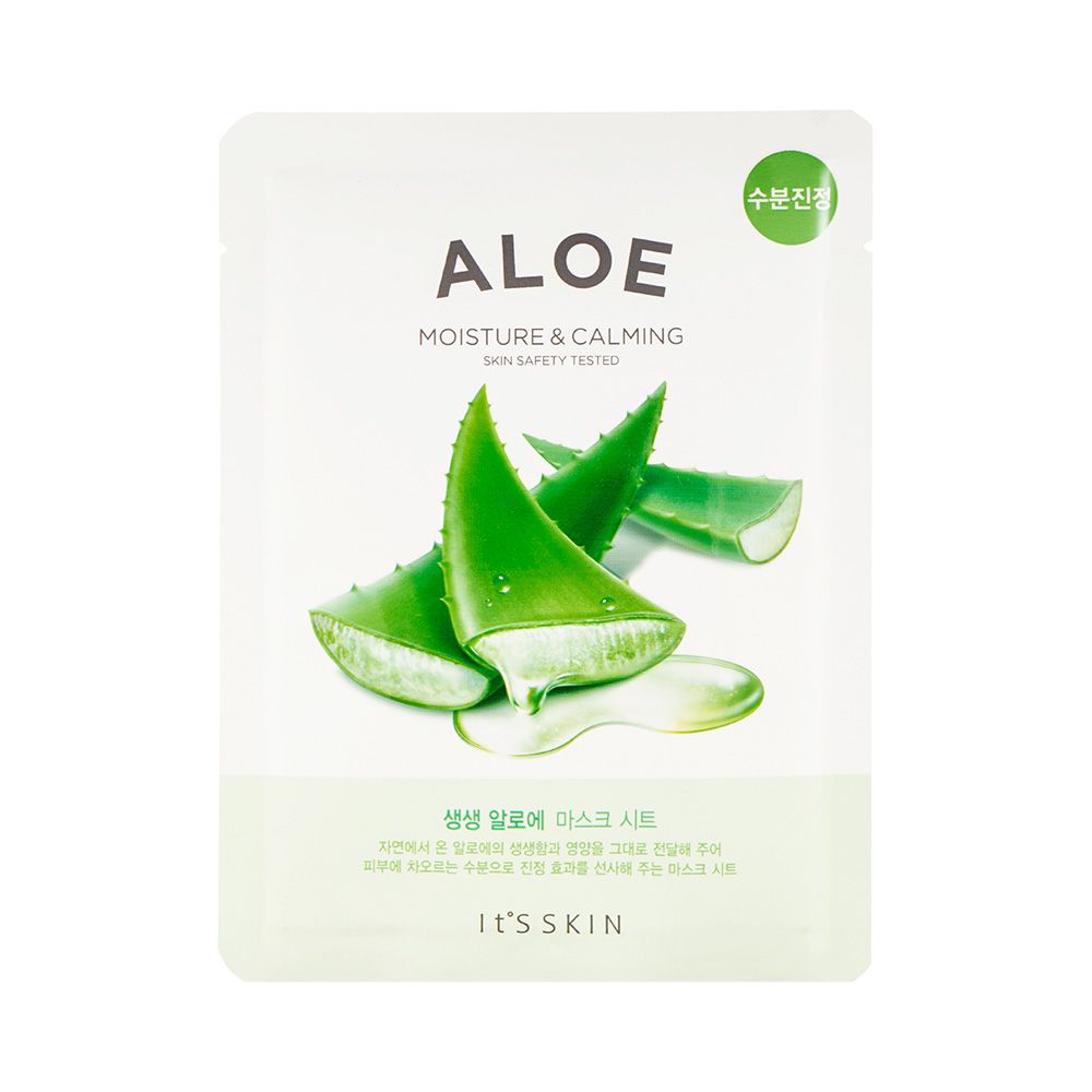 Verpakking met aloë vera-ontwerp. Tekst: ALOE, Moisture & Calming Mask Sheet. Merk: IT'S SKIN. Groen-wit ontwerp met aloë vera bladeren.