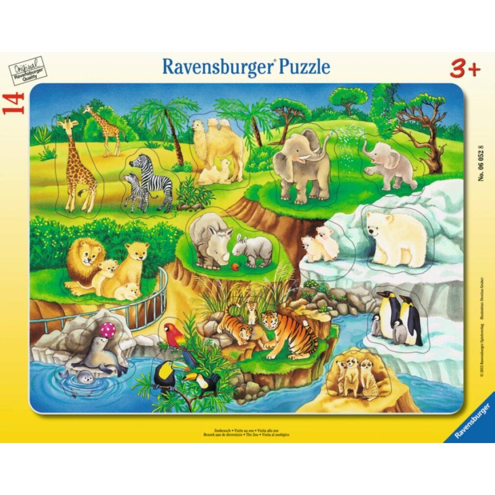 Puzzle Ravensburger avec animaux. 14 pièces. Girafe, zèbre, chameau, éléphant, lion, rhinocéros, ours polaire, pingouin, tigre.