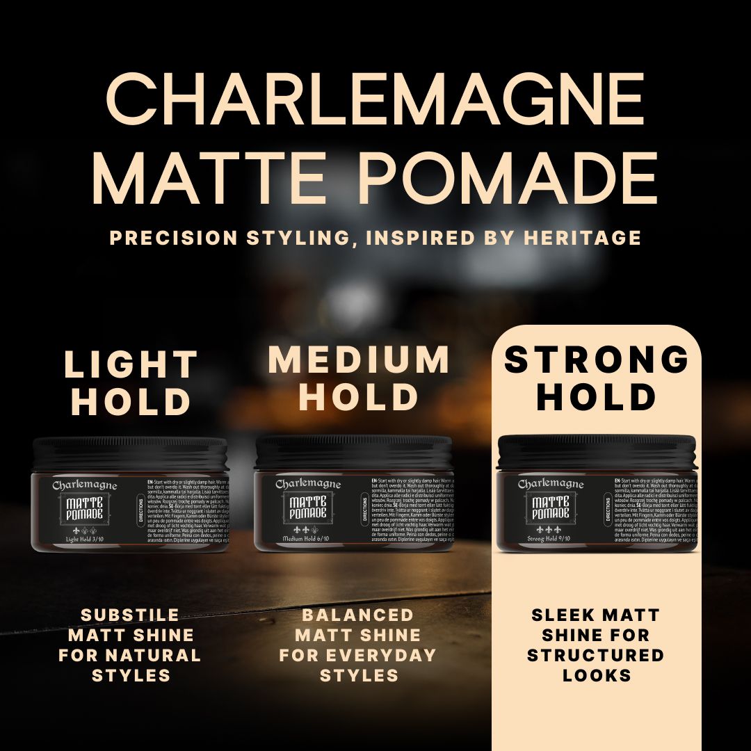 Trois pots de Charlemagne Matte Pomade, offrant différentes fixations : Légère, Moyenne, Forte.